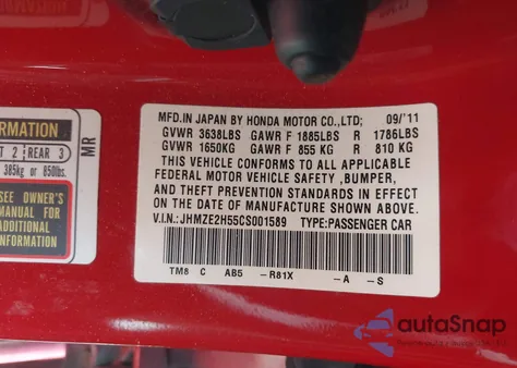 2012 Honda Insight Lx z USA, uszkodzony, nr VIN JHMZE2H55CS001589